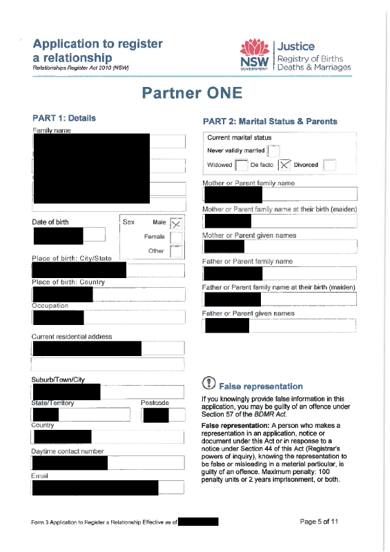 Australian Partner Visa - Application to register a relationship